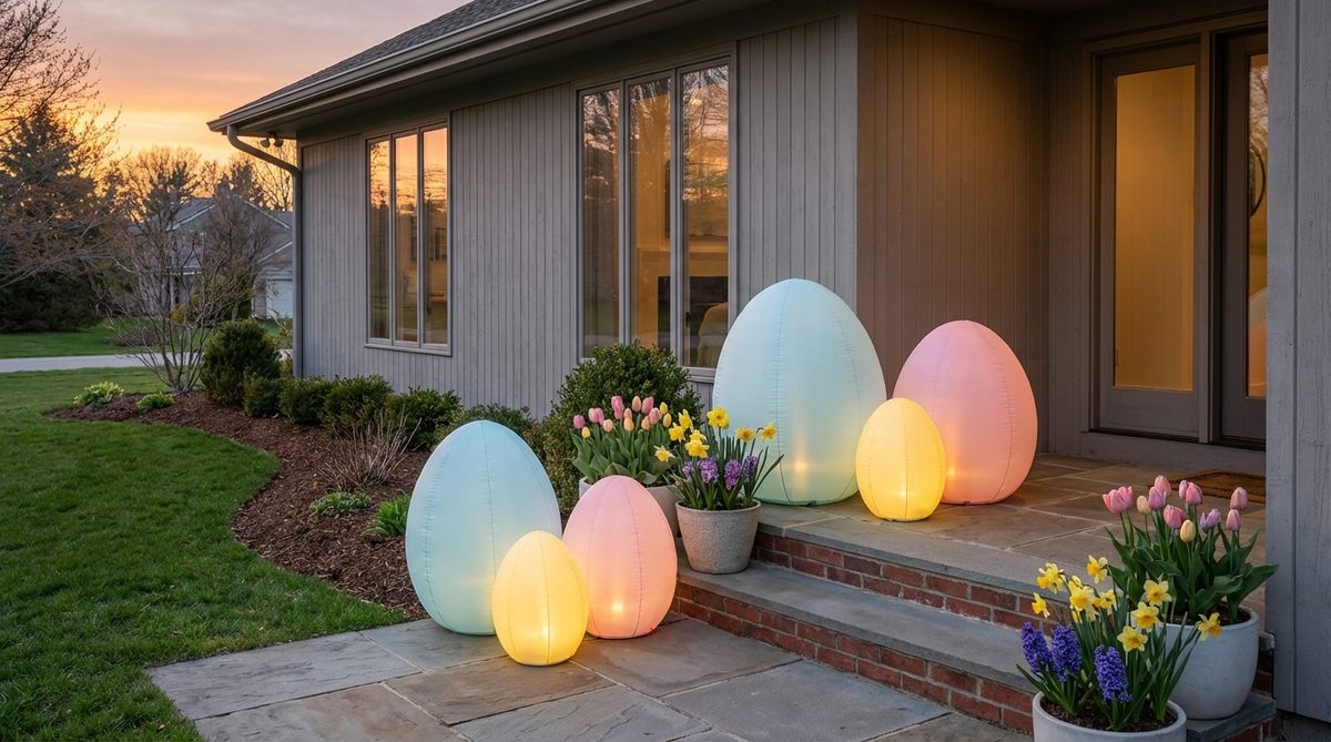 A vibrant display of oversized inflatable pastel eggs in graduated sizes, positioned on porch steps or entryways with weighted bases and internal LED lighting for a glowing effect at sunset. Coordinated pastel shades and paired with spring bulbs create visual interest and focal points for minimalist homes.
