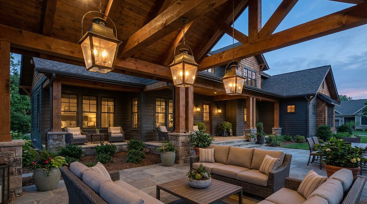 Large black metal or aged brass pendant lanterns hanging from a porch ceiling, featuring clear or seeded glass panels that provide ample lighting while adding substantial visual presence to outdoor decor. Perfect for porches with high ceilings.