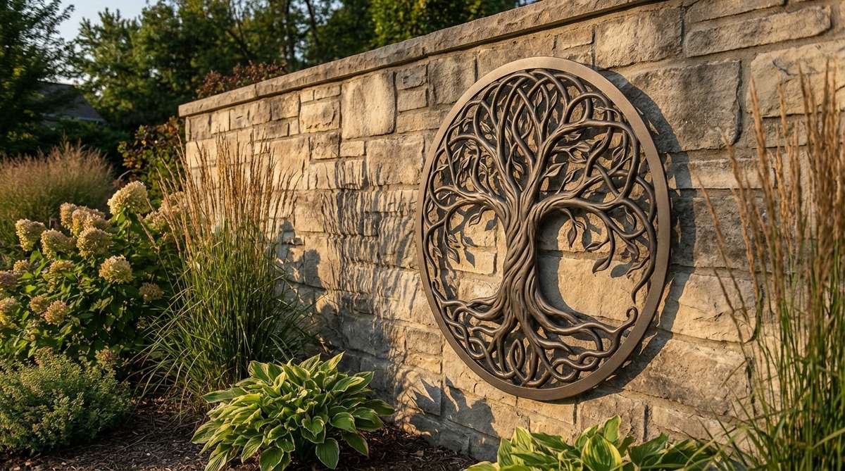 Circular metal medallion with intricate Tree of Life design featuring intertwined branches, perfect for outdoor wall decor. Powder-coated finish provides rust protection in colors like matte black or weathered bronze. Creates beautiful shadow patterns during sunrise and sunset.