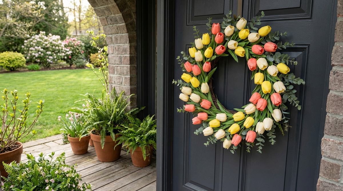 A 24-inch diameter wreath featuring silk tulips in coral, lemon, and cream colors, arranged with eucalyptus sprigs for texture. Perfect for spring outdoor decor on charcoal-painted doors.