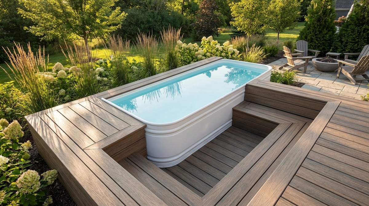 A modern small garden pool featuring a painted white stock tank with a composite deck surround, built-in bench seating, and seamless entry for a contemporary aesthetic.
