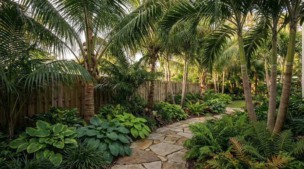 A lush tropical garden scene featuring tall coconut, royal, or queen palms spaced 10-15 feet apart along the property boundary, creating a dense canopy with dappled shade. Underneath, shade-tolerant ferns and hostas thrive, enhancing the complete tropical feel and framing the garden perimeter.