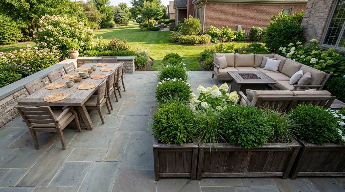 A diagram showing an outdoor patio layout with a dining table positioned along one wall axis and a lounge sectional on the opposite side, separated by a linear row of waist-high planters. The arrangement creates distinct dining and relaxation zones while maintaining visual connectivity through the greenery divider. Suitable for rectangular patios measuring 16x24 feet or larger, with planters at 30-36 inches high to define space without blocking sight lines.