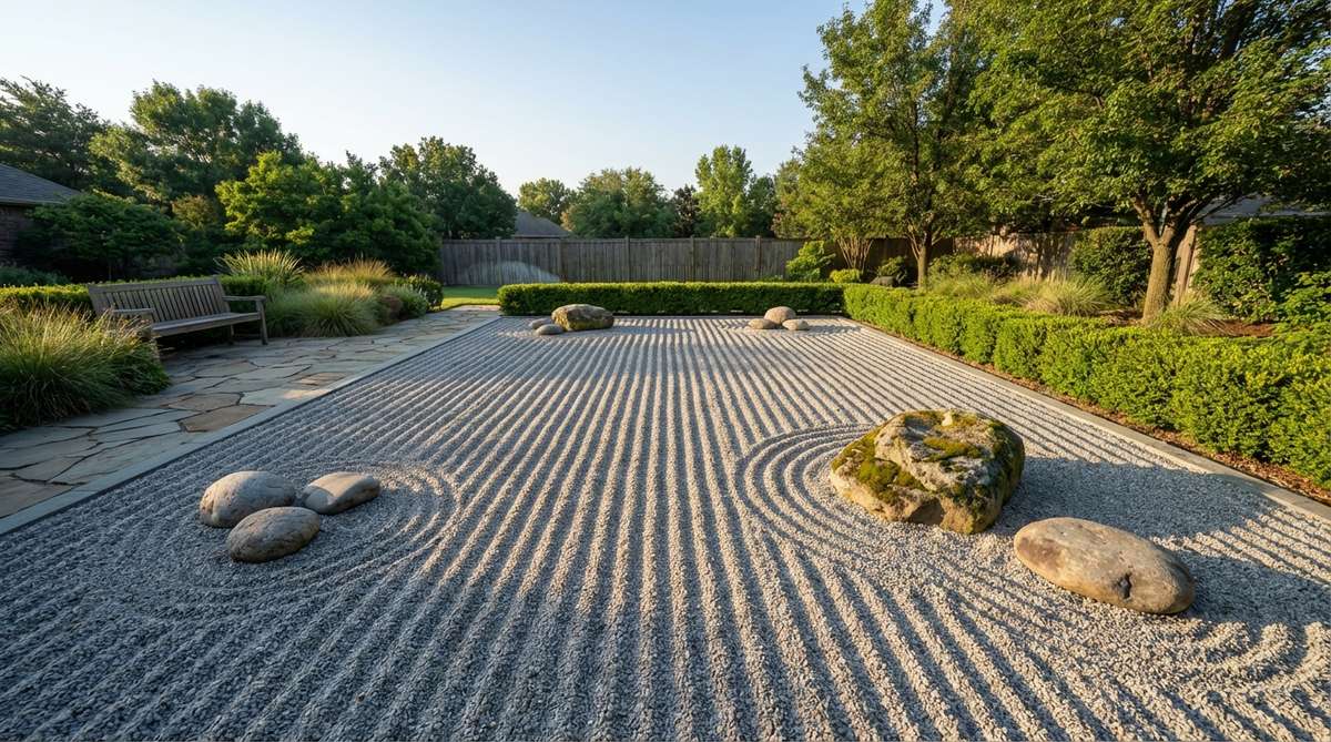 A zen garden with straight, evenly spaced lines raked across a gravel bed, creating the illusion of calm water surfaces. The low-angle morning sun highlights parallel grooves, producing dramatic shadow effects that emphasize length and tranquility in a rectangular garden bed.