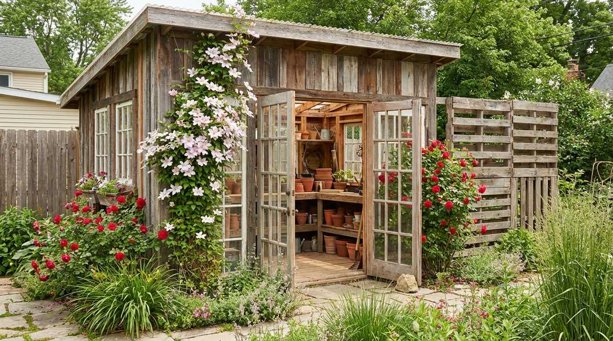 A cozy garden potting shed constructed from reclaimed barn boards, fence panels, and shipping pallets, featuring a multi-toned facade with varied wood grain and color. Large salvaged glass-paneled doors flood the interior with natural light, while climbing roses or clematis vines frame the entrance, softening edges and integrating the structure into surrounding garden beds.
