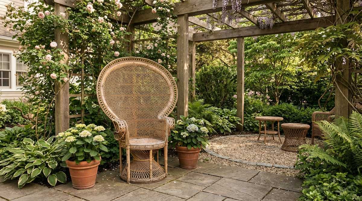 A vintage boho peacock rattan chair with a dramatic fan-shaped back, showcasing intricate natural rattan weaving. This iconic 1970s Southeast Asian design features a throne-like silhouette, ideal as a focal point in sheltered corners or conversation areas, developing a beautiful patina over time when exposed to natural elements.