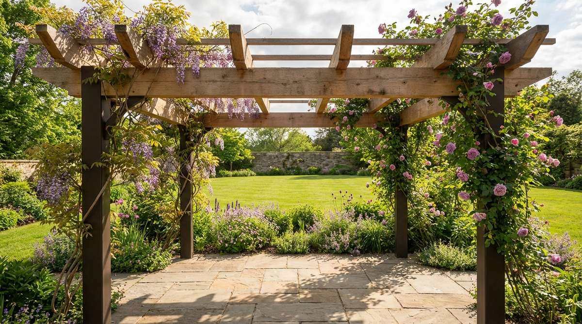 A freestanding pergola with vertical cedar or powder-coated aluminum columns supporting an overhead climbing framework. Wisteria, clematis, or grape vines climb the structure, creating dappled sunlight patterns. The pergola frames garden sight lines and provides 40-50% shade reduction while maintaining air circulation.