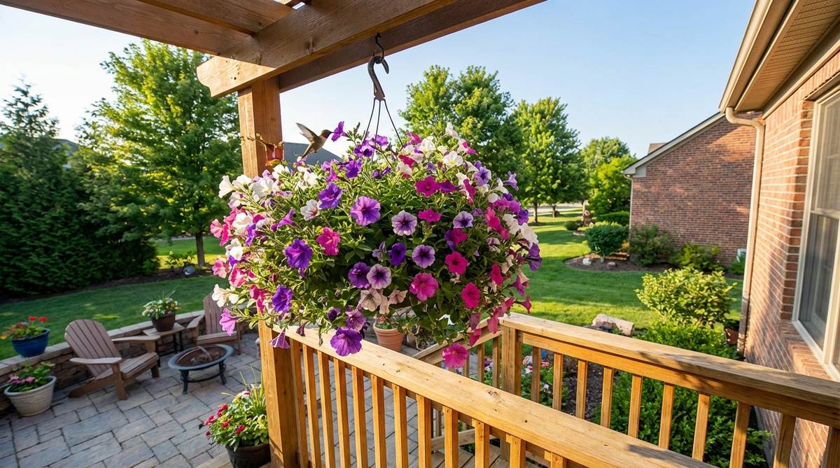 A vibrant display of petunias overflowing from a hanging basket on a sunny balcony, showcasing their trailing stems and colorful blooms in purple, pink, and white shades that attract hummingbirds.