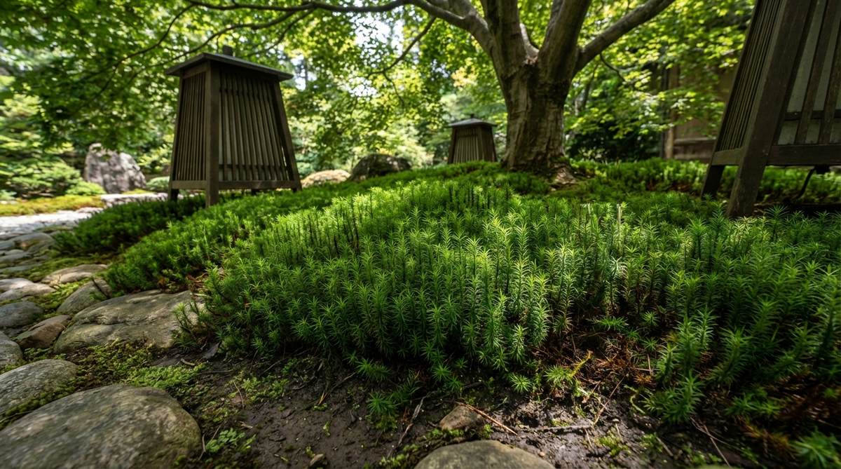 A close-up view of Polytrichum formosum, known as O-sugi-goke in Japan, creating a dense, emerald-green carpet in a Japanese garden setting. This moss features tall upright growth that mimics miniature forest floors, thriving in damp, shaded areas under tree canopies or along north-facing walls, ideal for substantial coverage and soil moisture retention.