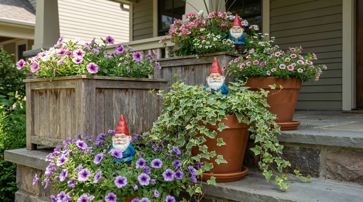 Three mini garden gnomes arranged at staggered heights within tall porch planters, peeking through colorful annuals like petunias or trailing ivy to create a friendly, welcoming entrance vignette.