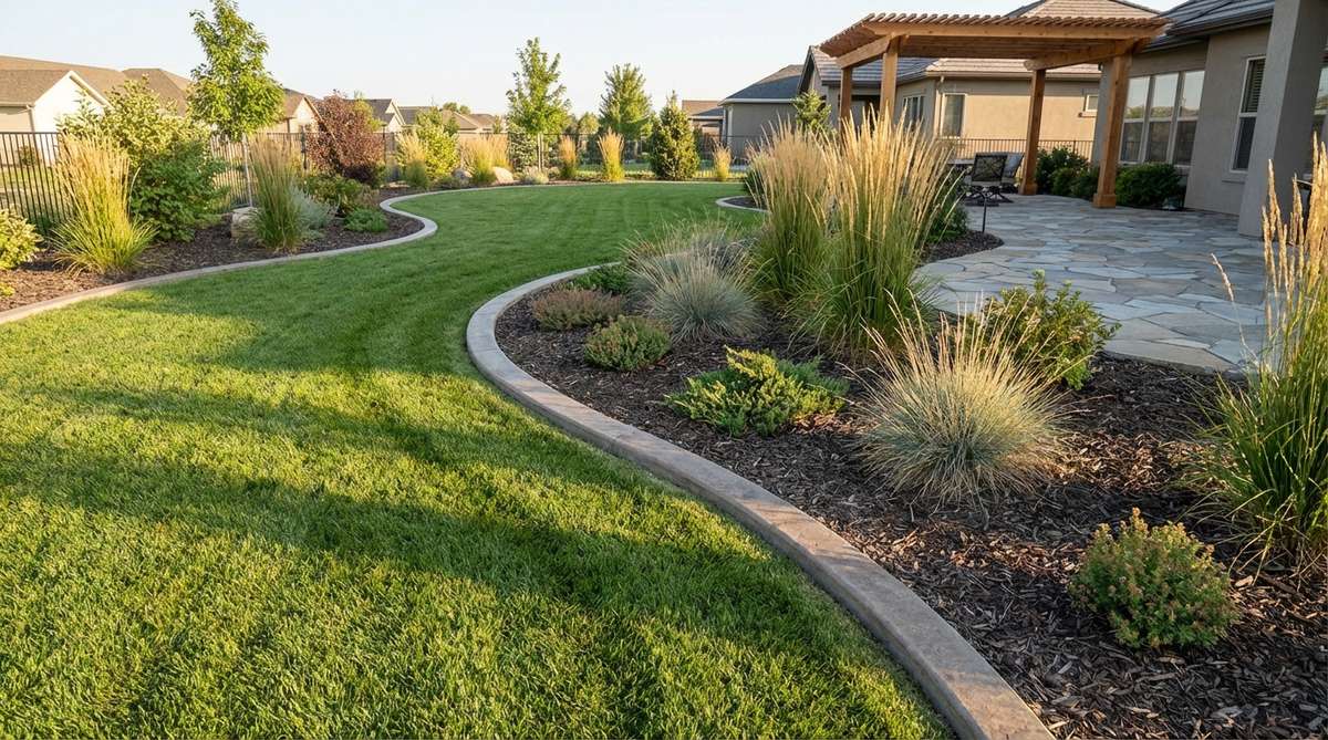 A sleek, continuous poured concrete ribbon edging defining a curved garden bed in a modern landscape, showcasing its smooth, low-profile design that allows for easy lawn maintenance and durable, weather-resistant separation between zones.