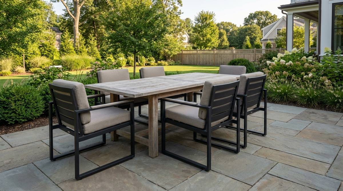 Modern powder-coated aluminum dining chairs with lightweight frames in matte black or soft grey finishes. These weather-resistant chairs feature stackable profiles for efficient storage and maintain structural integrity through temperature changes. Paired with neutral outdoor cushions in durable Sunbrella fabric, they combine sleek minimalist aesthetics with commercial-grade durability for residential garden settings.