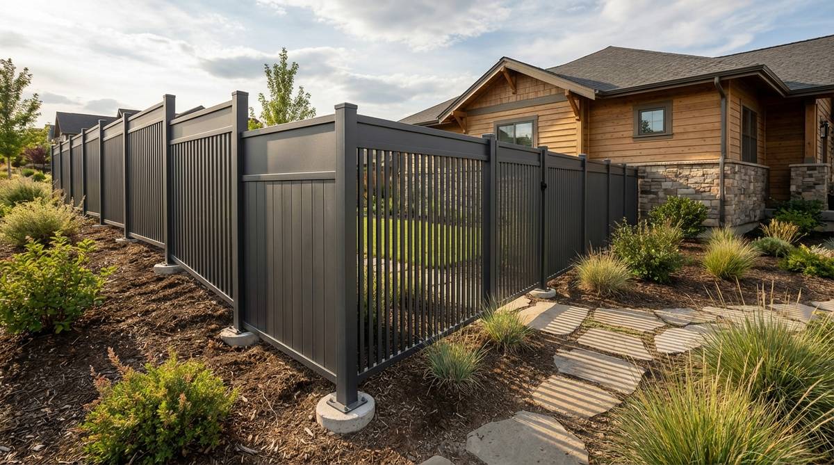 A contemporary garden fence featuring powder-coated aluminum panels in anthracite gray, showcasing industrial elegance and durability against rust and corrosion. The design includes full-height panels for privacy and is suitable for installation on uneven urban terrain, with concrete footings for stability in windy conditions.