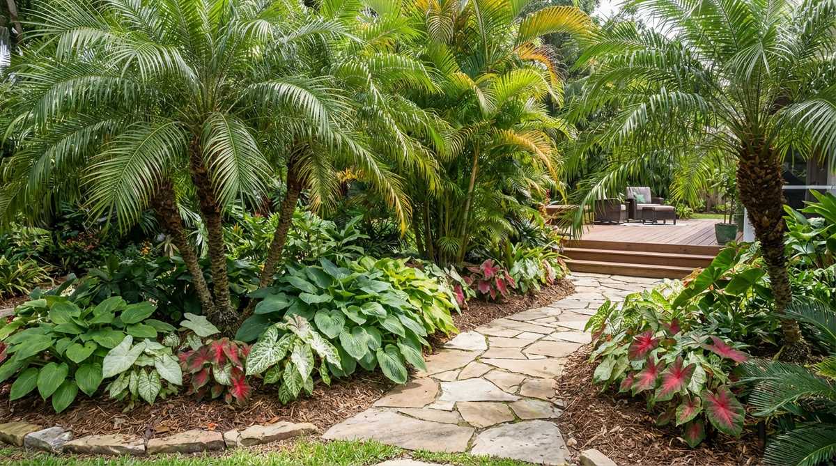 A lush tropical garden featuring queen palms with feathery fronds creating dappled shade, grouped in clusters to maximize impact and frame views. The design includes golden cane palms for a multi-tiered canopy, supporting shade-loving plants like hostas and caladiums in an airy, professional layout.