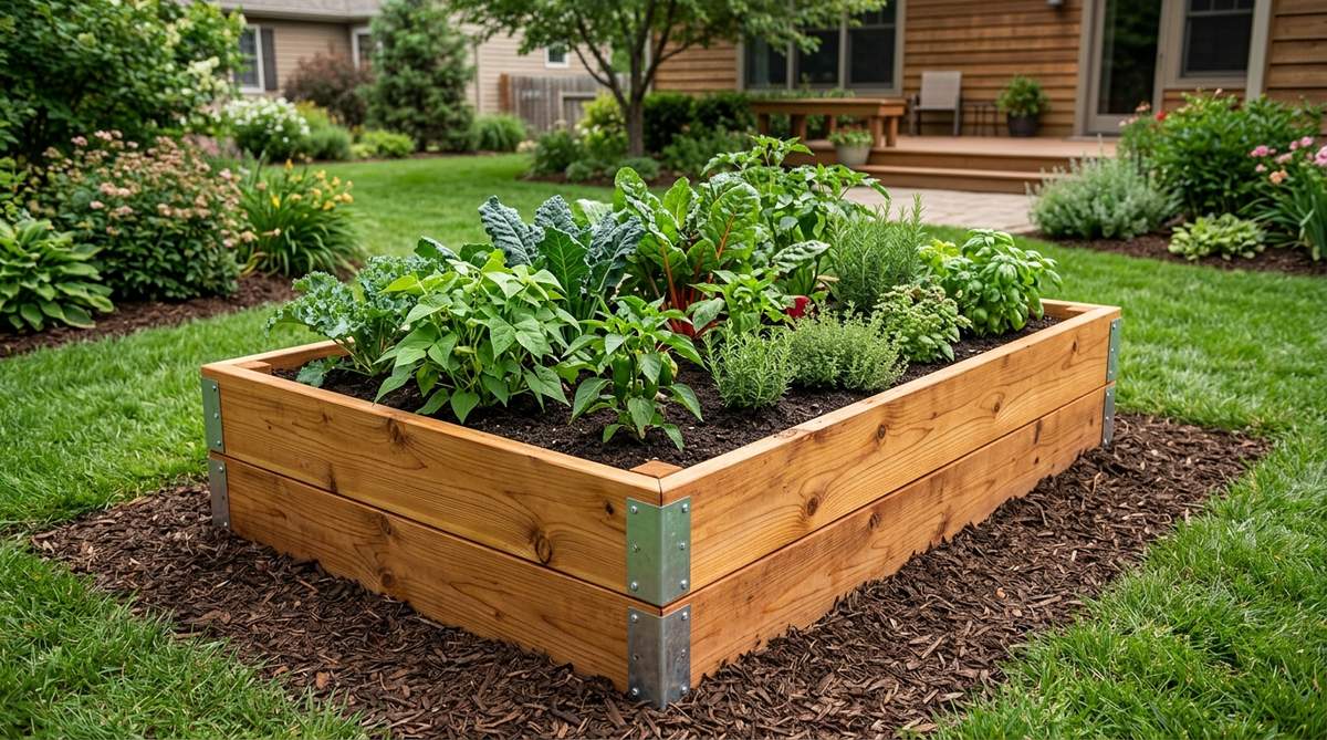 A rustic raised garden bed made from cedar wood with warm amber tones, filled with vibrant vegetables and herbs. The elevated design improves drainage and soil control while reducing back strain during gardening. The natural rot-resistant cedar boards are connected with galvanized brackets, creating a functional and beautiful garden decor element.