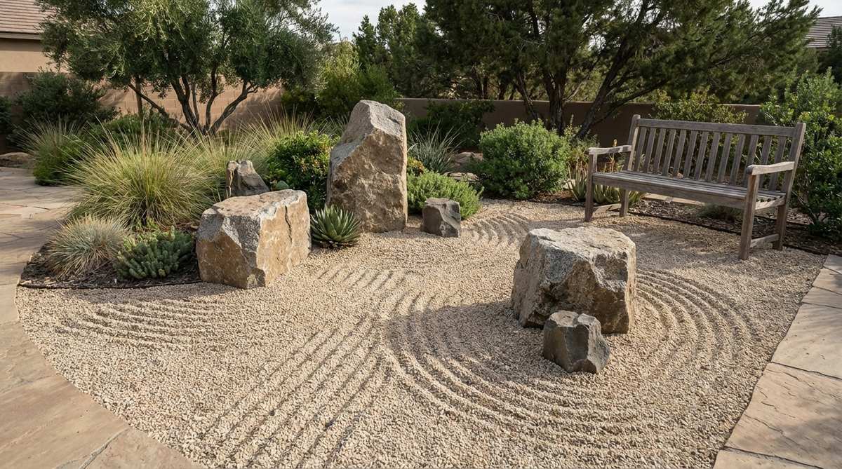 A serene meditation garden featuring raked gravel patterns in concentric circles and parallel lines, representing flowing water around permanent stone islands. Three to five granite or basalt stones arranged in asymmetrical groups following odd-number principles, creating a low-water design suitable for arid climates with minimal seasonal upkeep.