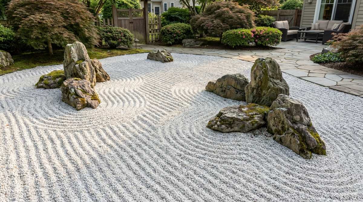 A Japanese garden feature showing white gravel raked in parallel lines to simulate ocean waves, with rock groupings placed as islands within the gravel field. The pattern creates meditative focus through repetitive lines and subtle light play.
