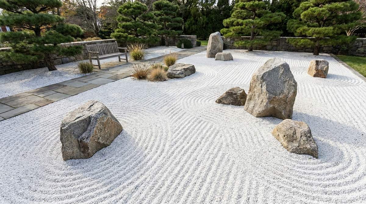 A minimalist zen garden featuring fine white gravel raked into linear patterns, with large boulders strategically placed as focal points. The clean white surface reflects natural light throughout the day, creating a serene and contemplative space that requires only periodic raking for maintenance.