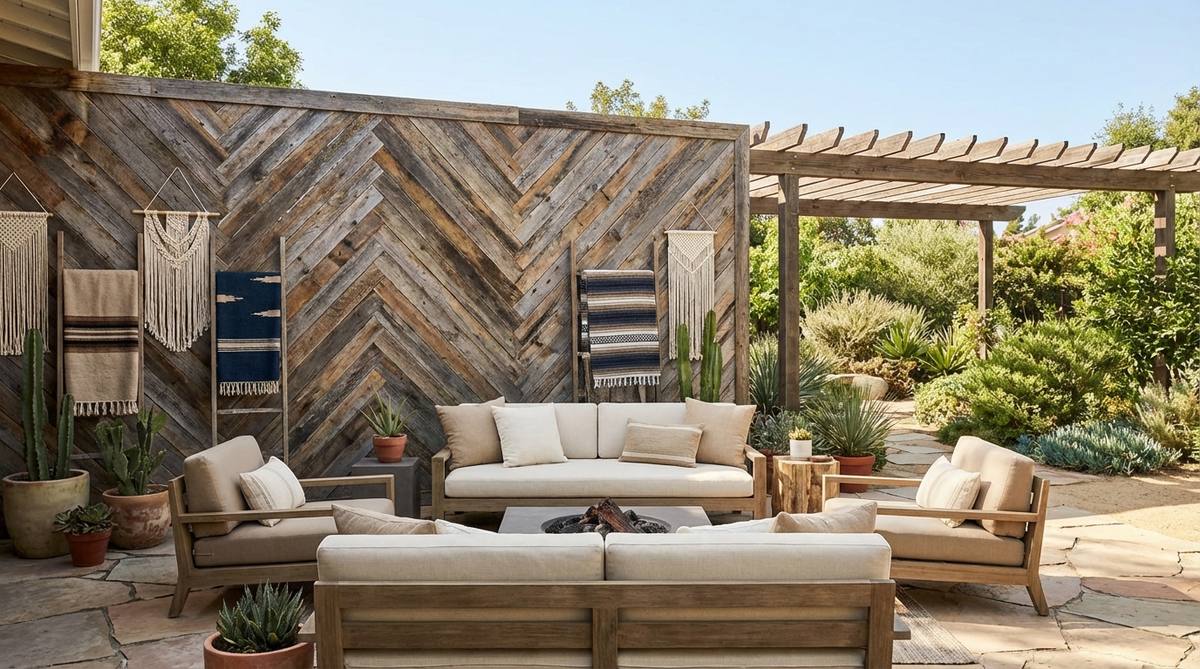 A rustic reclaimed barn wood accent wall featuring weathered planks with varied grain patterns and natural patina, installed horizontally or in herringbone patterns to add geometric interest. This western boho decor element serves as a focal point, grounding vibrant textiles and macramé while complementing low-profile furniture in neutral spaces.