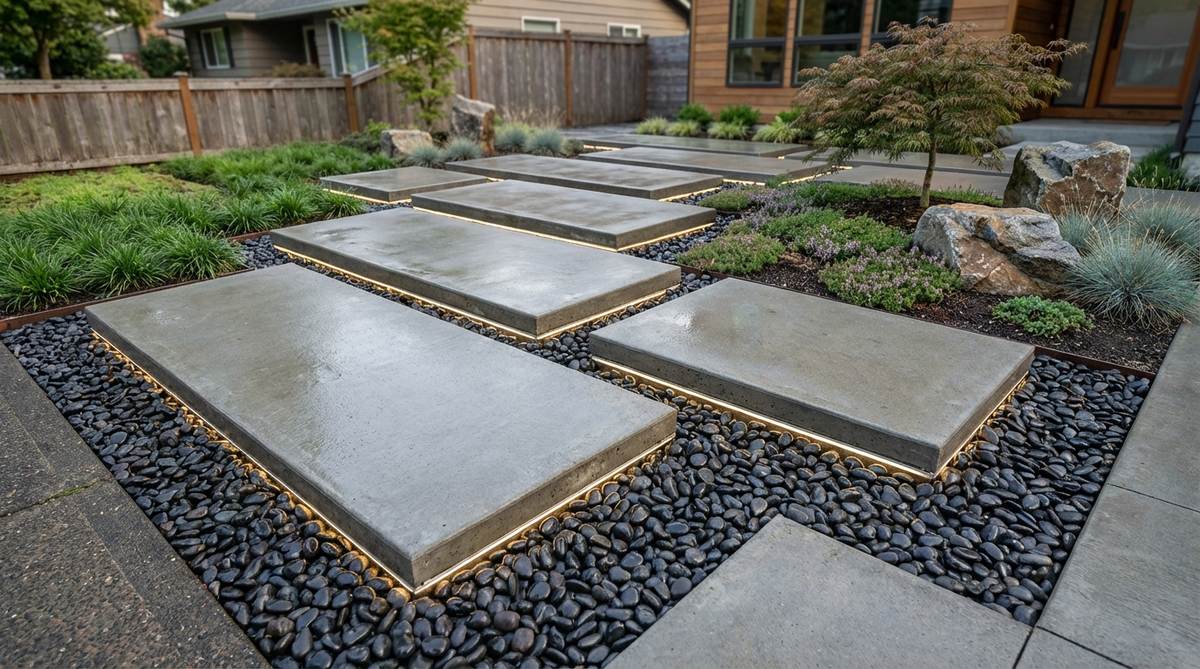 A modern Japanese rock garden pathway featuring large rectangular concrete slabs arranged in staggered patterns across polished black river stones. The industrial finish of the concrete contrasts with the organic texture of the pebbles, with subtle LED lighting visible along the edges for evening illumination. This design encourages mindful walking through Zen asymmetry.