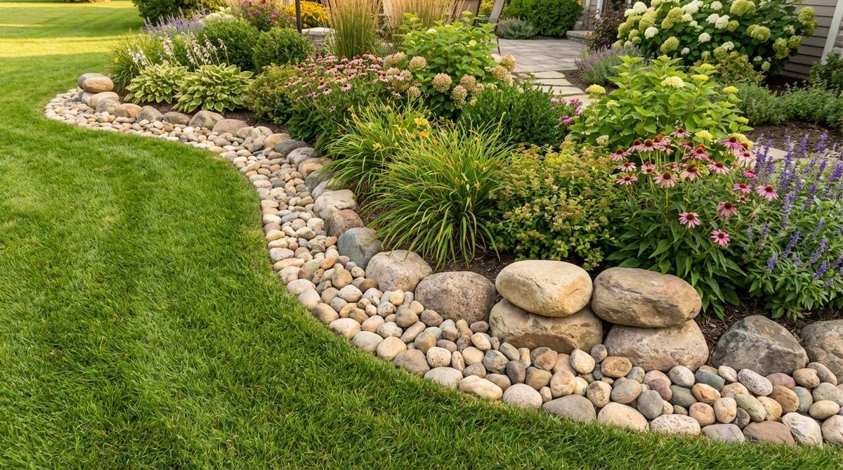 A garden bed edged with smooth river stones in earth tones, creating an organic border between flower beds and turf. The rounded stones are arranged in a single row with some stacked for added dimension, complementing both formal and cottage garden styles.