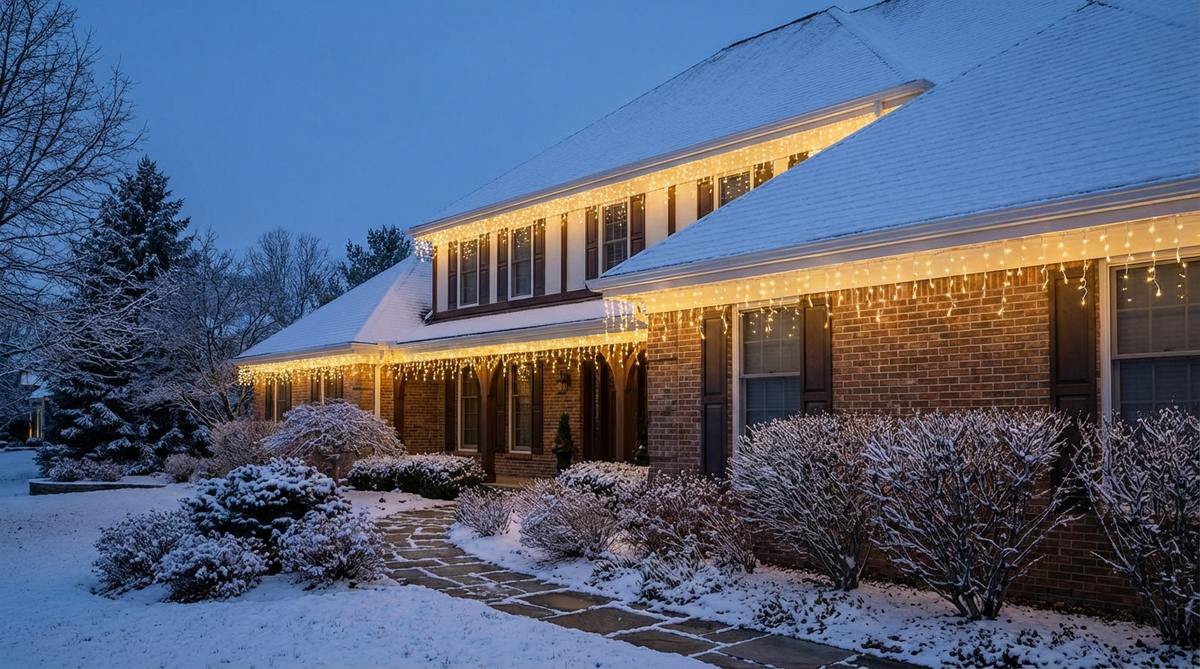 Icicle strand lights cascading from gutters and eaves of a Colonial-style home, creating vertical visual interest with sequential LED patterns that highlight architectural trim details in a winter garden setting.