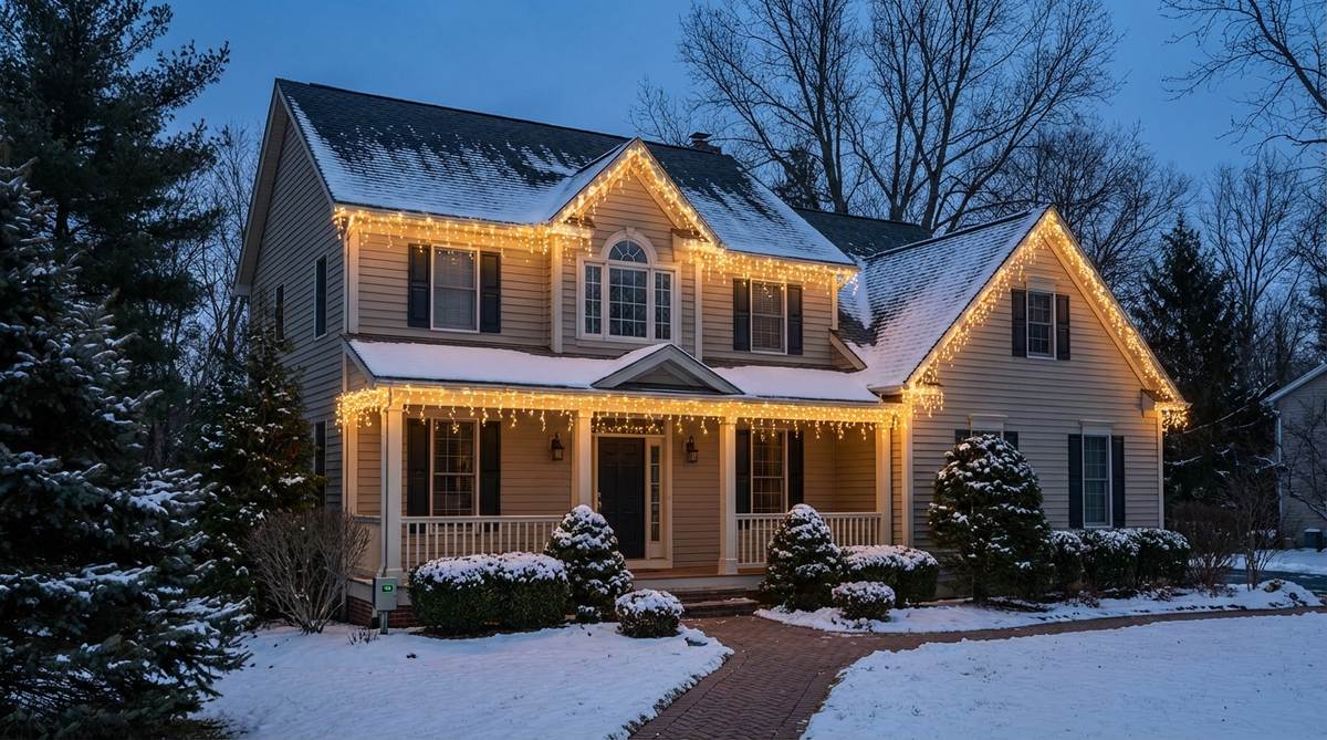 Icicle lights cascading along roof edges of a colonial-style home, creating a frozen precipitation effect that highlights architectural details. LED lights with timer functionality provide energy-efficient nightly illumination.