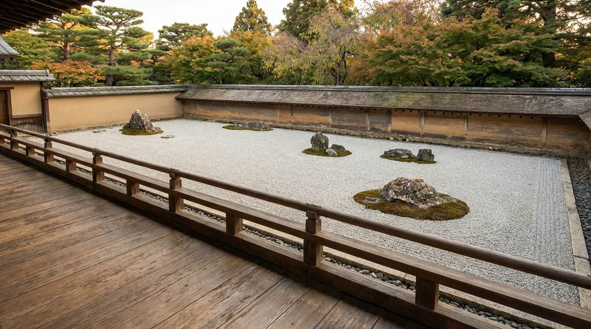 A view of the iconic dry landscape at Ryoanji Temple, featuring fifteen stones arranged on a rectangular bed of white gravel, with low earthen walls and a wooden veranda, embodying Zen simplicity and spatial harmony.