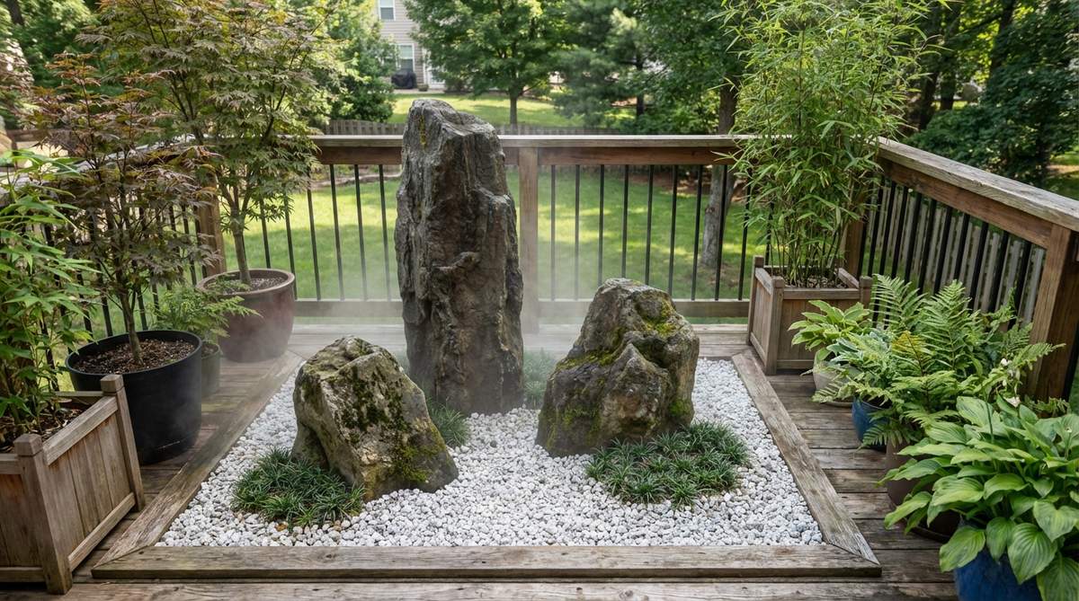 A classical Japanese rock arrangement featuring one tall vertical stone flanked by two smaller stones in an asymmetrical triangle formation, symbolizing mountain peaks emerging from mist. This traditional sanzon-ishigumi configuration anchors balcony garden compositions and creates visual height in compact spaces.