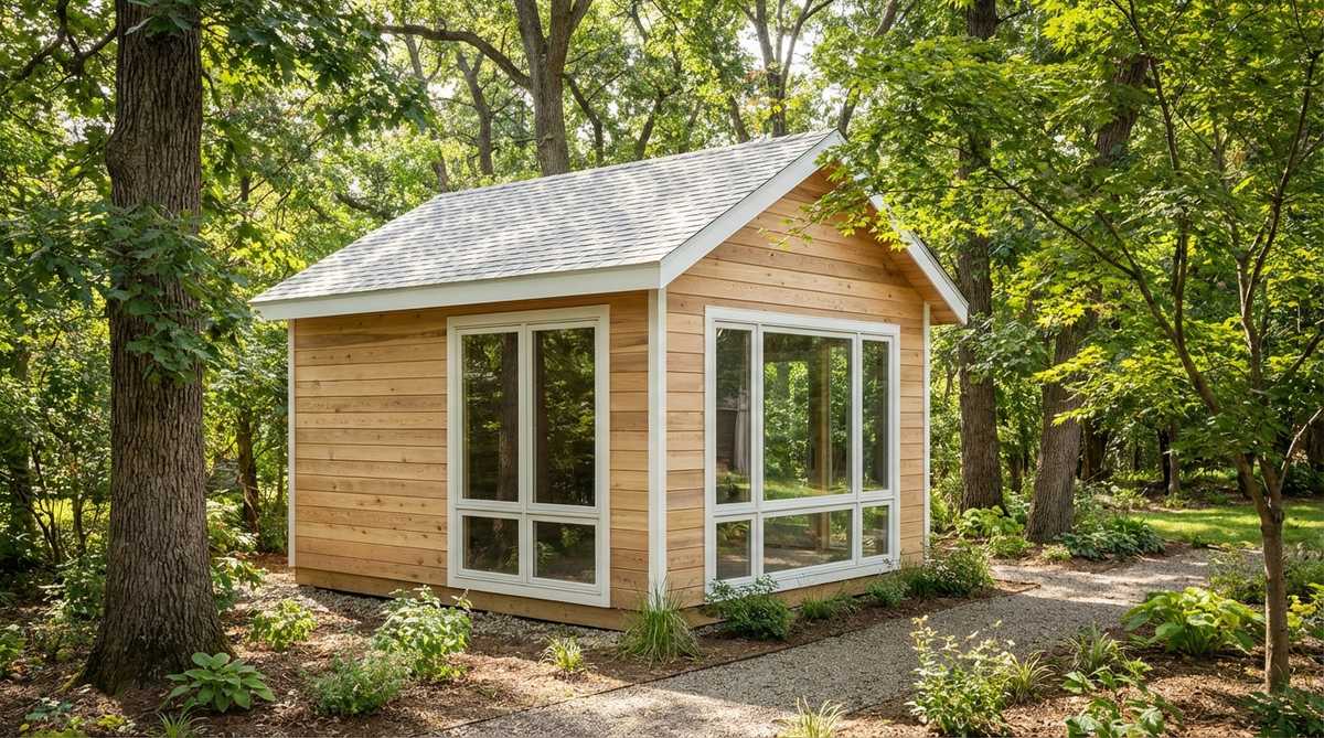 A modern garden shed featuring horizontal light-colored cedar planks with natural wood grain, white trim, and a pale gray roof. Large picture windows maximize daylight, creating a Scandinavian design that blends seamlessly with wooded settings.
