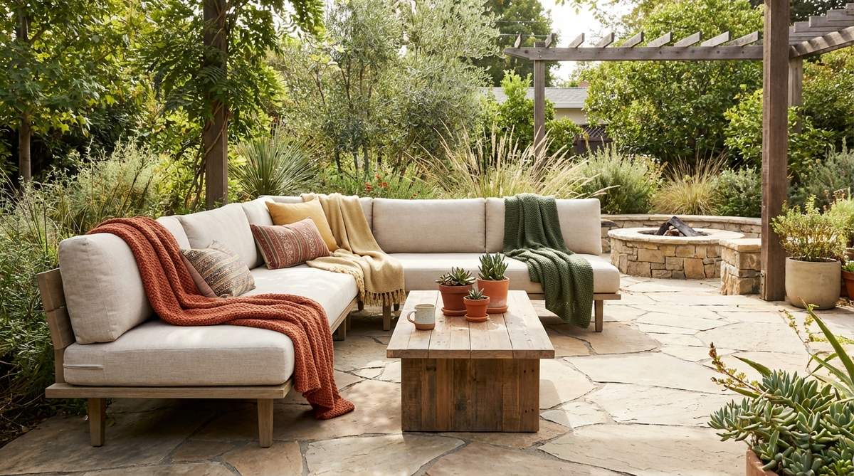 A low-profile Scandinavian sectional sofa in neutral linen or cotton, casually draped with textured woven throws in earthy tones like ochre, terracotta, and sage, exemplifying modern boho decor with a clean base and bohemian warmth.