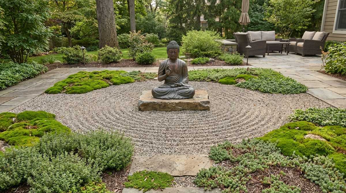 A weathered bronze seated Buddha statue in meditation pose, positioned on a raised stone platform surrounded by raked gravel in concentric circles. The symmetrical form with traditional hand mudras creates a focal point in a zen garden setting, framed by moss patches and low-growing ground covers.