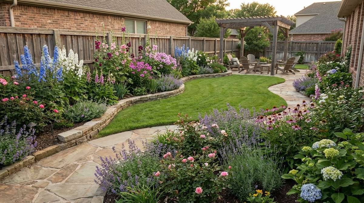 A cottage garden design featuring curved serpentine borders on both sides of a central lawn panel, creating gentle S-curves that guide visitors through the space. Tall perennials like delphiniums and hollyhocks are planted against walls or fences, with medium-height plants layered forward. The central lawn panel provides visual breathing room between dense plantings and serves as a practical walking surface.