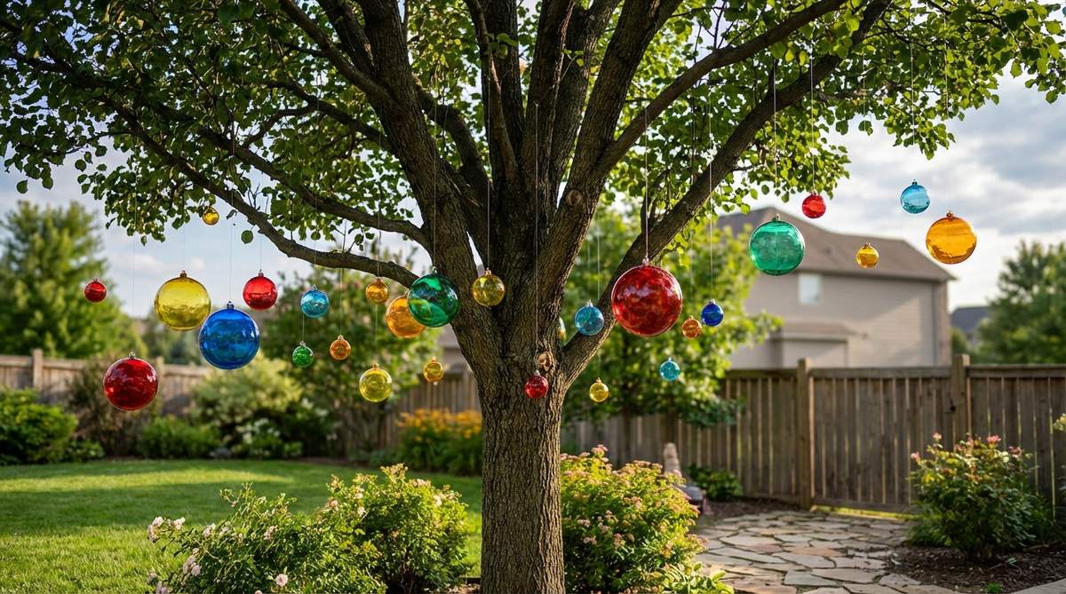 A cluster of colorful shatterproof acrylic ornaments hanging from the branches of an outdoor tree. The ornaments are lightweight and UV-resistant, designed to withstand wind and weather while maintaining vibrant colors. They are shown in mixed sizes, some oversized for high visibility, attached with clear fishing line to create a floating visual effect.
