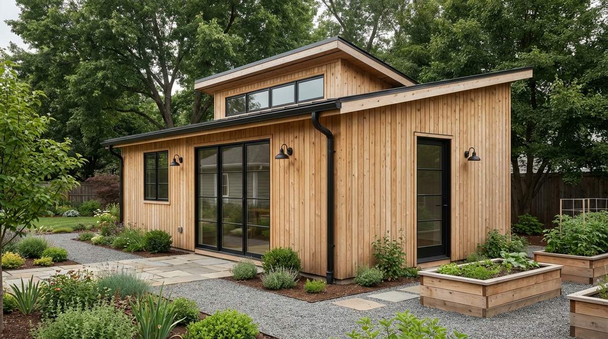 A contemporary garden shed featuring a single-slope Scandinavian studio design with a monopitch roof, natural pine cladding, black steel accents, and north-facing glazing for optimal natural light in art studios.