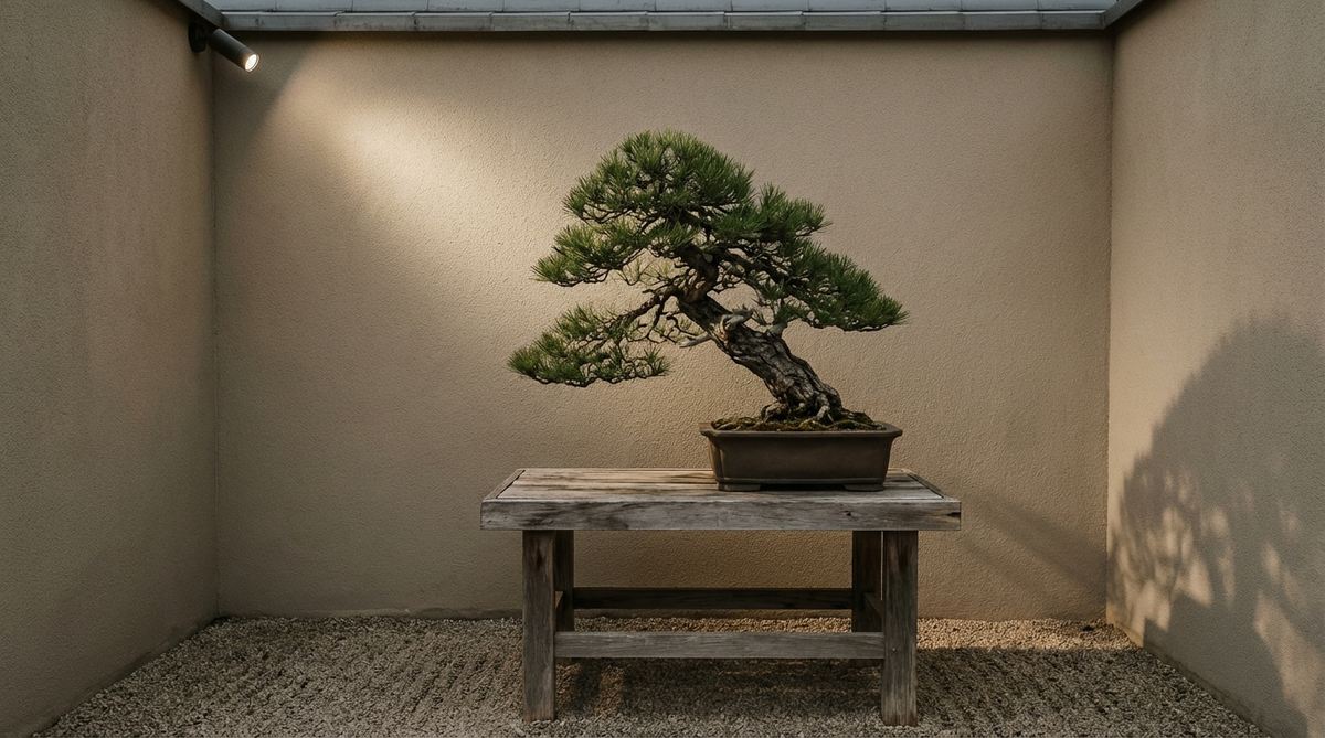 A solitary Japanese Black Pine bonsai displayed on a handcrafted wooden stand against a bare wall, creating a minimalist zen garden aesthetic. The sculptural trunk and wind-swept canopy are highlighted with directional LED lighting that casts dramatic shadows, demonstrating optimal viewing angles for studio apartment displays.