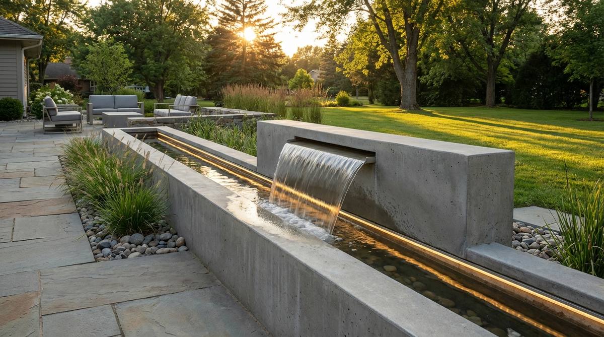 A modern garden fountain featuring a single-spout linear channel, where water flows uniformly across a rectangular channel to create a liquid curtain effect, ideal for spatial division and noise masking with minimal maintenance and optional LED lighting.