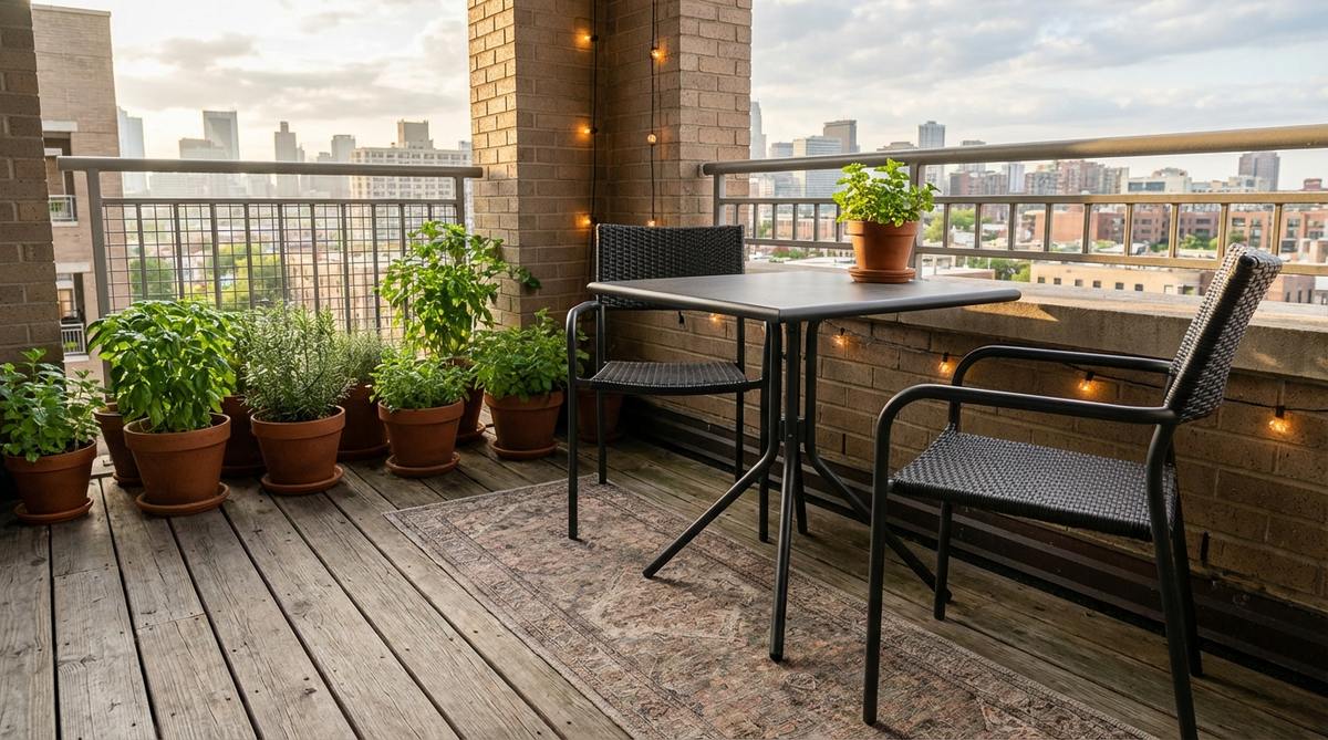 A contemporary garden table and chairs setup featuring a slim metal bistro table with two armless chairs, arranged on a small balcony with potted herbs and soft morning light. The compact dining area includes a narrow outdoor rug and subtle lighting elements, creating an intimate space perfect for morning coffee or evening cocktails in urban settings.