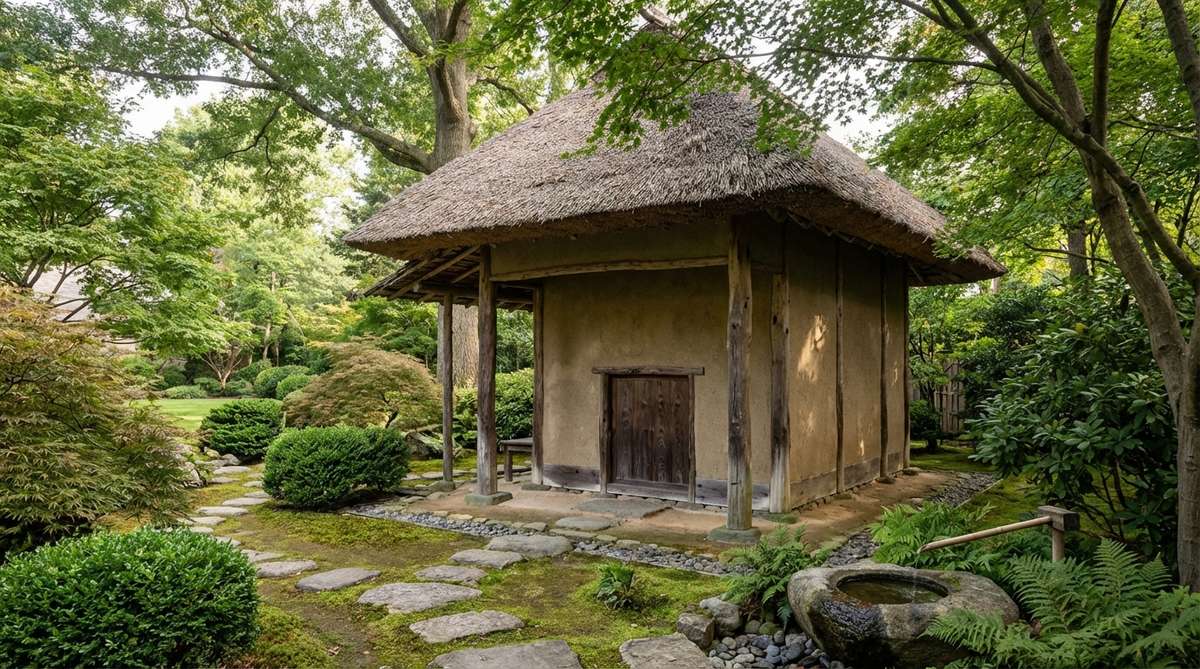A rustic Soan grass-hut style tea house featuring thatched roofing, earthen walls, and rough-hewn timber posts, embodying wabi-sabi philosophy. The entrance includes a low nijiriguchi door for bowing, with a compact 4.5-tatami layout and sunken hearth, set in a serene Japanese garden.