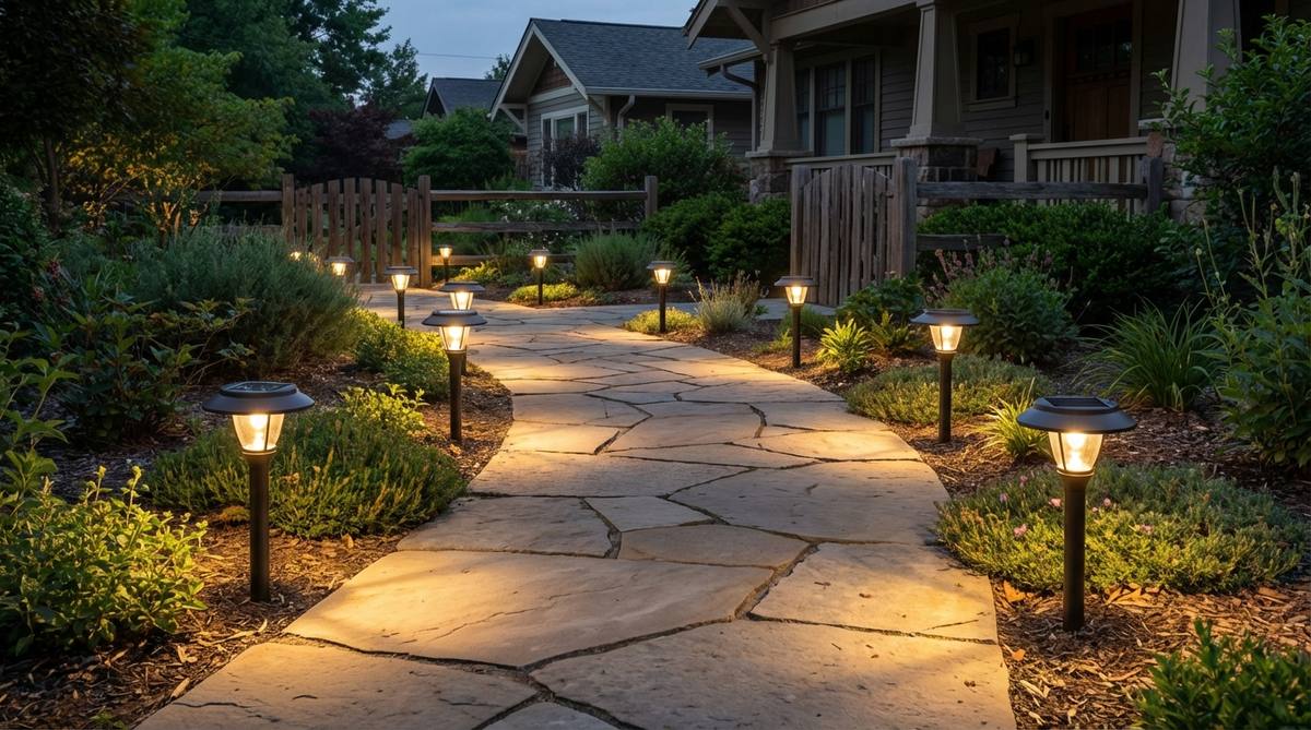 Ground-spike solar lights creating visible boundaries along a garden walkway, with stakes spaced 6-8 feet apart for continuous guidance. These self-contained units charge during daylight hours and automatically illuminate at dusk, providing adequate visibility on moonless nights with at least 15 lumens per fixture.