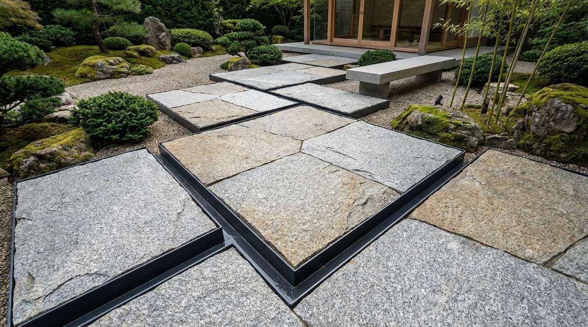 A modern Japanese garden pathway featuring split granite slabs with crisp, geometric edges, bordered by powder-coated steel channels. The design contrasts traditional elements with contemporary materials, reflecting the clean lines of modern architecture and highlighting granite's crystalline texture.