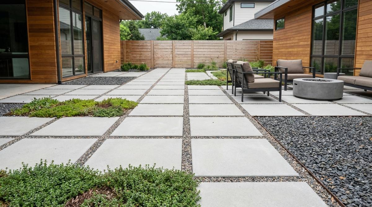 Large-format concrete pavers arranged in a perfect grid pattern with uniform spacing and monochromatic tones, creating clean architectural floor planes in a modern garden. The design features consistent joints and gaps that accommodate low-growing groundcovers or fine gravel for textural variation, ideal for small urban gardens where clarity of layout maximizes perceived space.