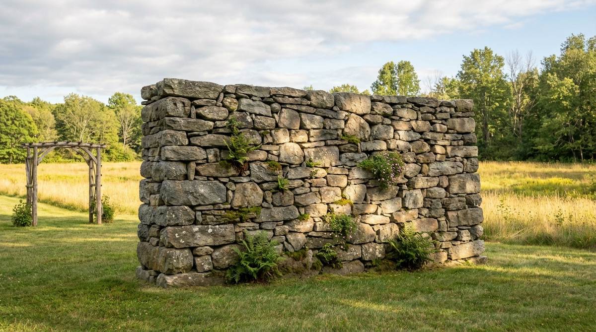 A freestanding dry-stacked fieldstone wall serving as an architectural focal point for garden weddings. The irregular stone texture creates shifting light patterns throughout the ceremony, with natural greenery integrated into crevices. Measuring 6-8 feet high and 10-12 feet wide, this backdrop provides excellent scale for photography and wind protection in open meadow settings.