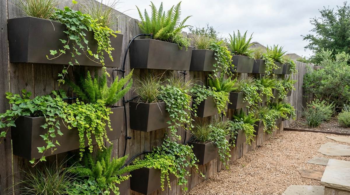 A modern garden decor wall featuring stacked metal or composite trough planters arranged in a clean grid layout. The design includes horizontal rows with uniform spacing, showcasing trailing plants like ivy and creeping jenny cascading naturally, while upright ferns fill the containers. Ideal for garage walls or privacy fences, this structured setup enhances hardscape elements with automated drip irrigation for easy maintenance.