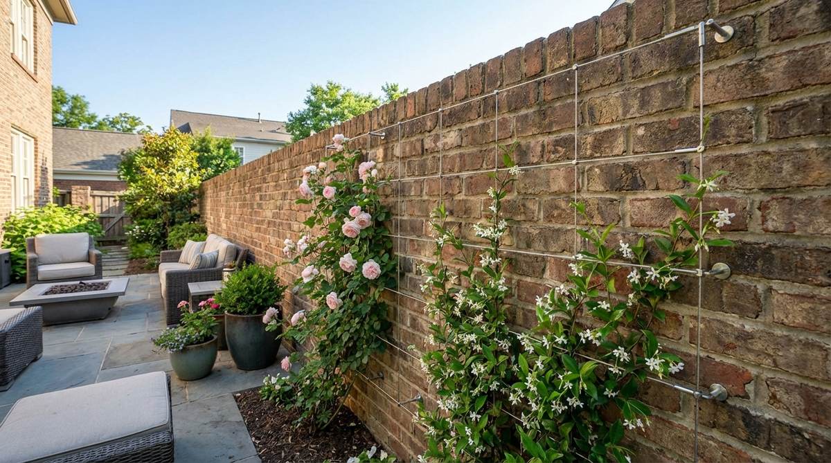 A minimalist stainless steel cable grid trellis, featuring thin horizontal and vertical cables creating an almost invisible support system for climbing plants like roses or jasmine. Installed on a textured brick or stone wall, it offers a contemporary aesthetic with low maintenance due to corrosion resistance.