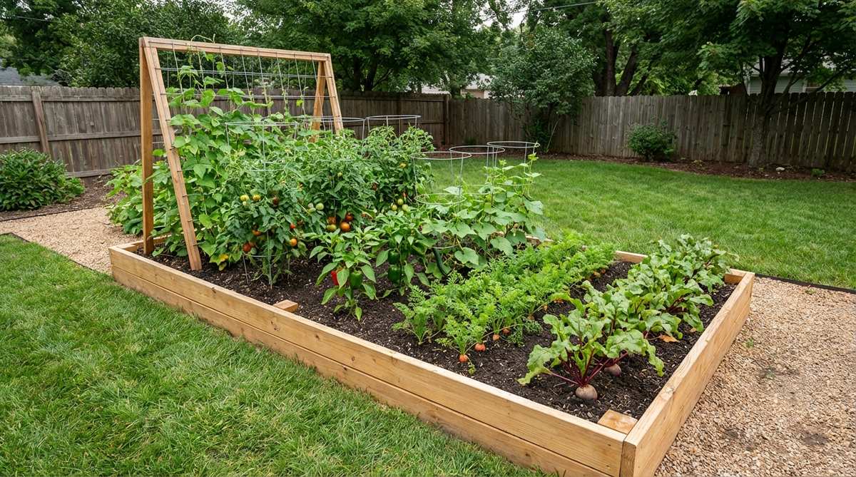 A diagram showing a 4x8 foot raised garden bed with eight rows of vegetables including climbing beans on a trellis, tomatoes, peppers, cucumbers in cages, and root vegetables like carrots and beets, demonstrating optimal spacing for family gardening.