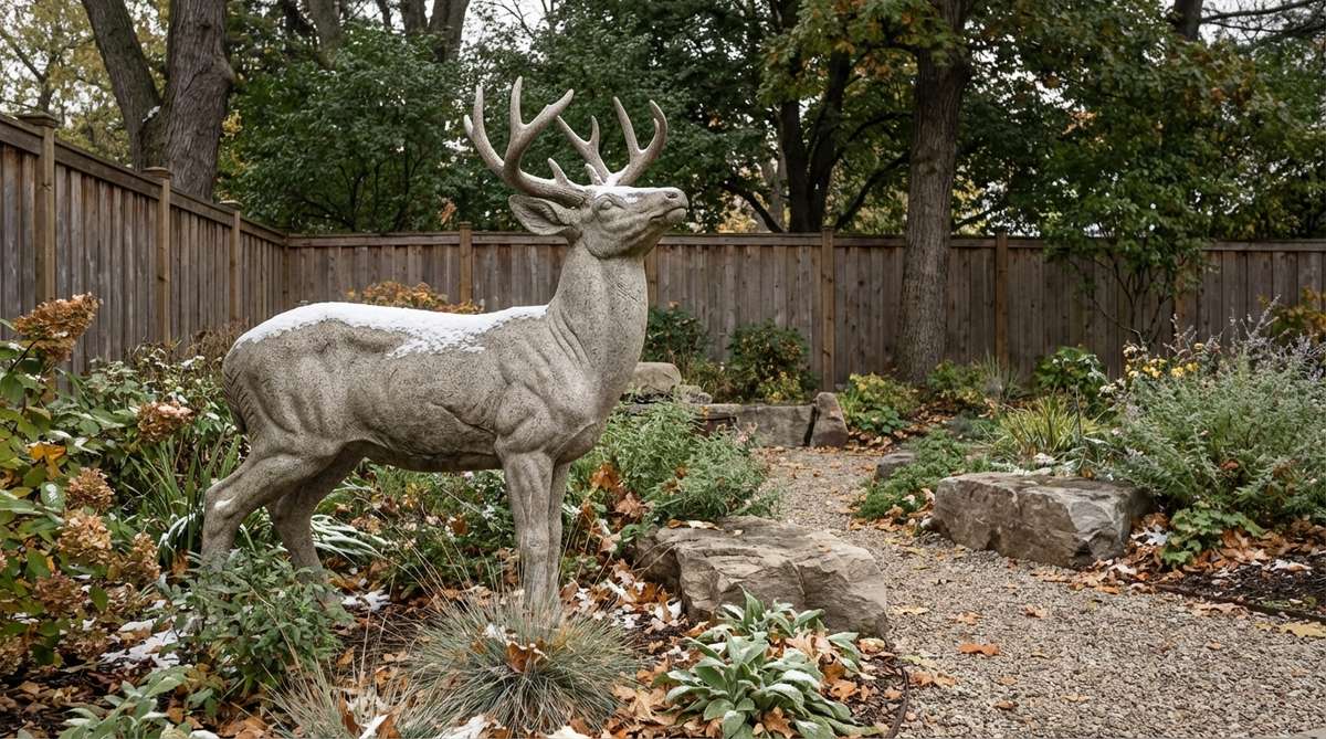 A life-size limestone or granite deer sculpture with raised head, perfect for creating woodland atmosphere in gardens. Shows detailed muscle definition and works year-round with snow accumulation in winter and cool gray tones in summer.
