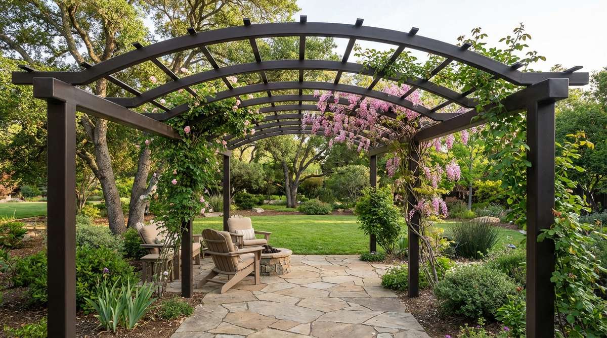 An elegant steel arched pergola with powder coating, featuring welded steel bands forming a curved structure that creates overhead coverage for garden seating areas or passages. The powder-coated finish in dark bronze or black resists rust and complements both traditional and contemporary architecture. The pergola is shown installed over a patio or walkway, with climbing plants like roses or wisteria beginning to transform it into a living canopy, defining an outdoor room while framing garden views.