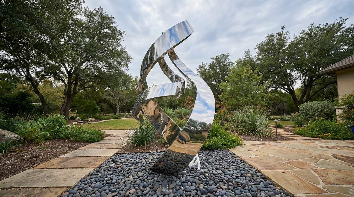 A modern garden sculpture featuring flowing ribbons of mirror-polished stainless steel that twist vertically, reflecting sky, clouds, and foliage. Designed with marine-grade steel for durability, it creates kaleidoscopic light displays from dawn to dusk, enhancing garden depth and visual appeal.