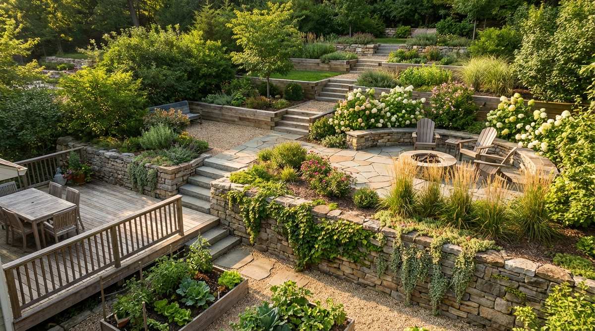 A garden design on a slope featuring stepped platform terracing with horizontal tiers carved into the hillside. Distinct garden rooms at varying elevations are connected by pathways, with each platform standing 18-36 inches above the next. Retaining walls along the downslope edges support planting beds filled with amended soil for efficient drainage. The design breaks sight lines naturally, offering privacy between levels, with vertical faces displaying trailing plants and decorative finishes.